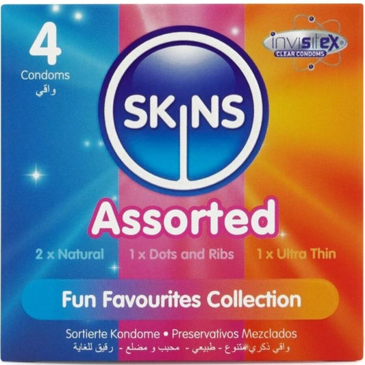 Prezervative Asortate Premium, SKINS - Pack 4, Natural, cu Puncte si Nervuri, Ultra-Subtiri