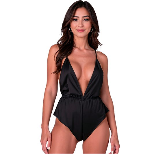Body Satin, PASSION - Sensie, Decolteu V Adanc cu Bretele Reglabile, Negru, S/M