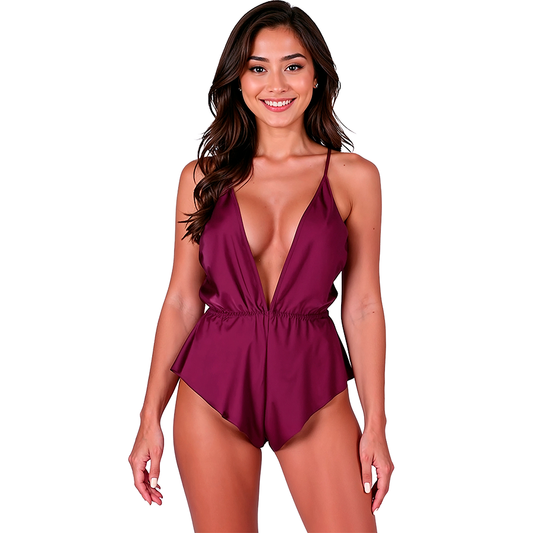 Body Satinat, PASSION - Sensie, Decolteu V Adanc cu Bretele Incrucisate, Pruna, S/M