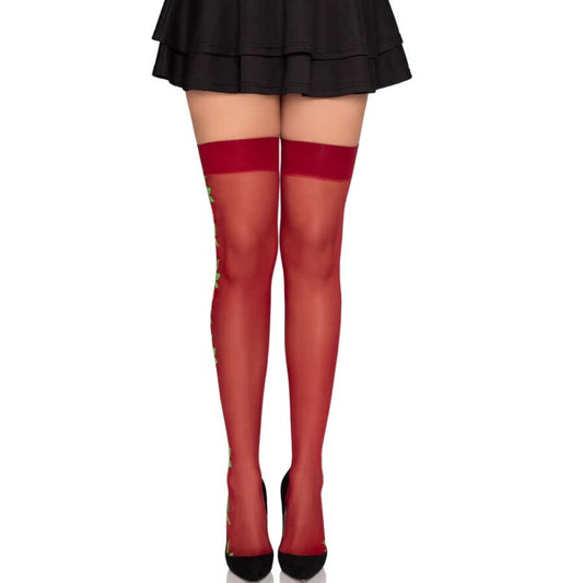 Ciorapi Transparenti cu Trandafiri Rosii Brodati, LEG AVENUE - 1957, Marime Unica