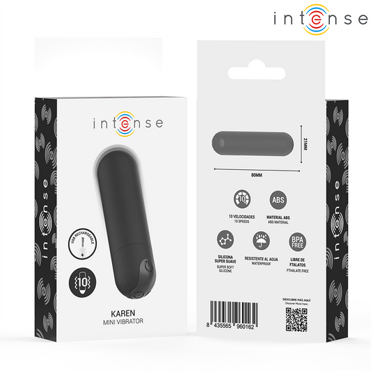 Vibrator Bullet Mini Reincarcabil, INTENSE - Karen, 10 Moduri, ABS, Negru