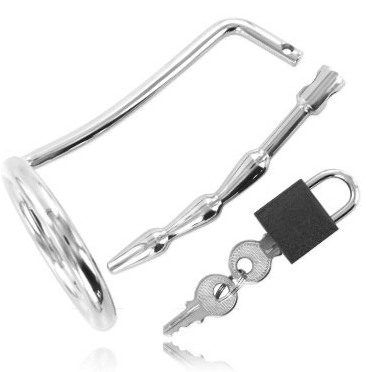 Inel pentru Testicule cu Dop Uretral, METAL HARD - Otel Inoxidabil, cu Lacat, 45 mm