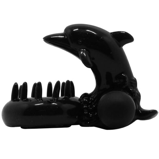 Inel pentru Penis cu Vibratii, BAILE - Sweet Ring cu Stimulator Clitoris Delfin, TPR si ABS, Negru