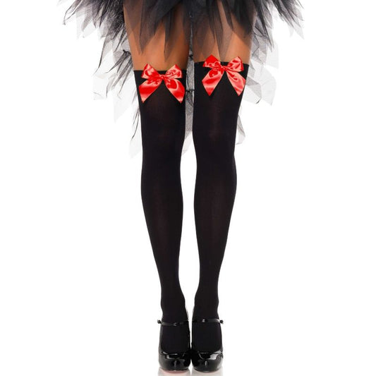 Ciorapi peste Genunchi, LEG AVENUE - Nylon Negru cu Funda Rosie, Marime Unica