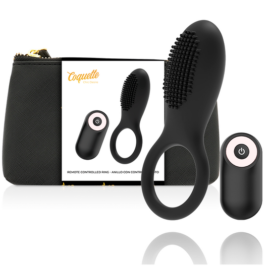 Inel pentru Penis cu Telecomanda Reincarcabil, COQUETTE CHIC DESIRE - 10 Moduri Vibratii, Silicon, Negru/Auriu