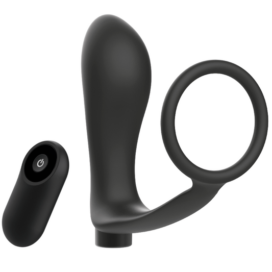 Inel pentru Penis cu Dop Anal si Telecomanda, ADDICTED TOYS - Reincarcabil, Silicon, Negru, 15 cm